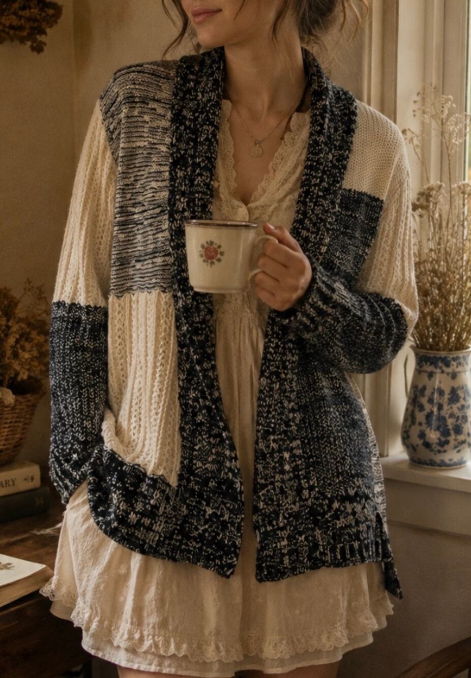 Vintage Ecote patchwork knit open cardigan sweater Y2K grunge boho Cottagecore S